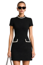 Women’s Structured Mini Dress with Pearl Trim and Pocket Detail 0