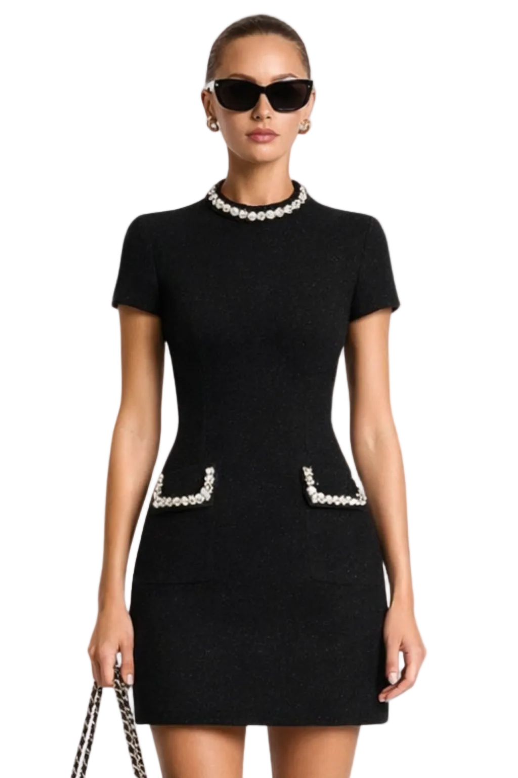 Women’s Structured Mini Dress with Pearl Trim and Pocket Detail 0