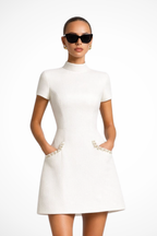 Women’s Structured Mini Dress with Pearl Trim and Pocket Detail 1