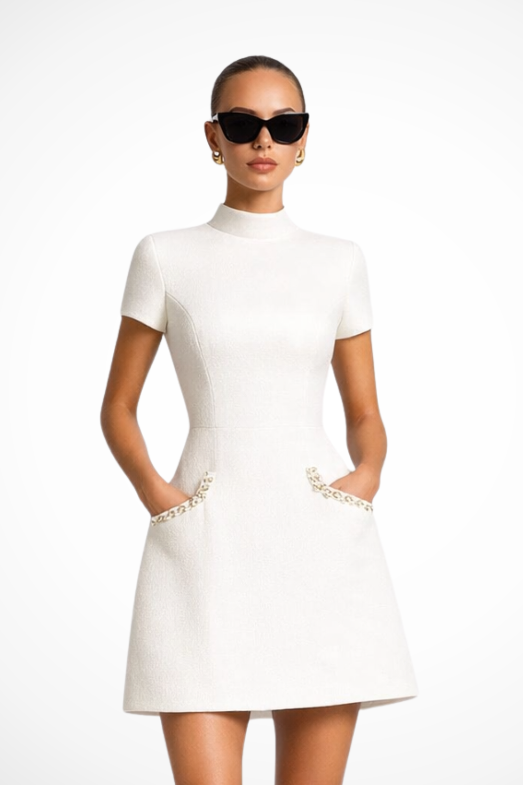 Women’s Structured Mini Dress with Pearl Trim and Pocket Detail 1