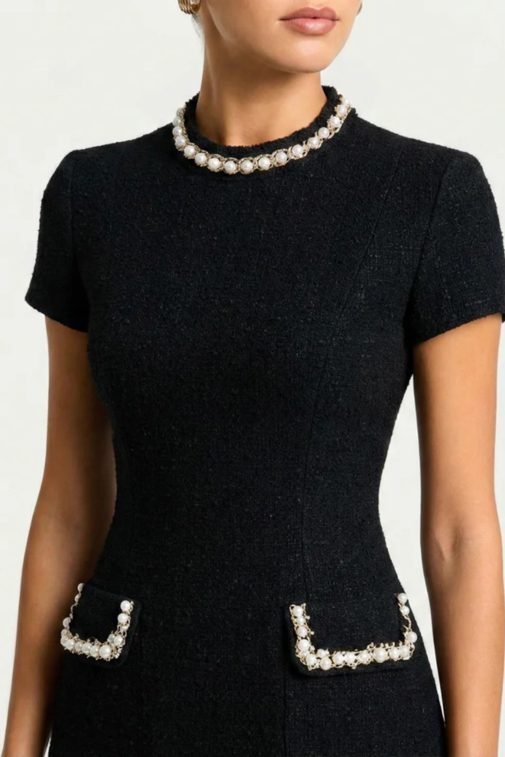 Women’s Structured Mini Dress with Pearl Trim and Pocket Detail 2