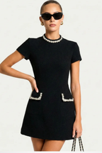 Women’s Structured Mini Dress with Pearl Trim and Pocket Detail 3