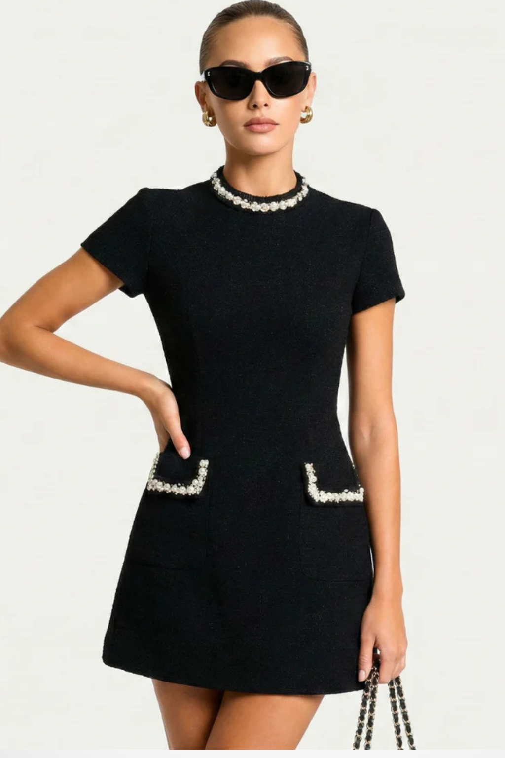 Women’s Structured Mini Dress with Pearl Trim and Pocket Detail 3