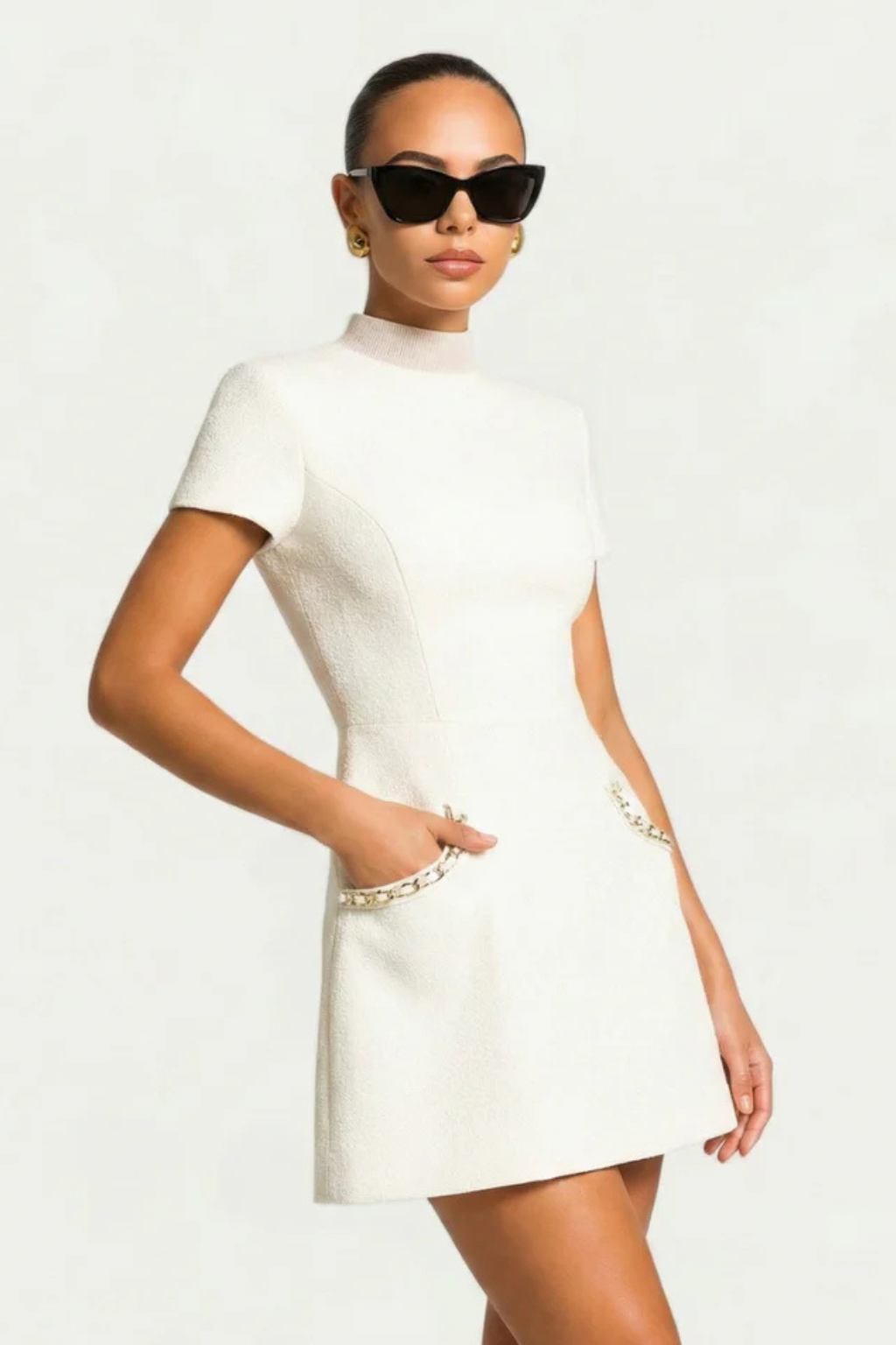 Women’s Structured Mini Dress with Pearl Trim and Pocket Detail 4