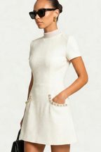 Women’s Structured Mini Dress with Pearl Trim and Pocket Detail 5