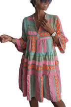 Women’s Tiered Dress with Geometric Embroidery and Billowed Sleeves 0