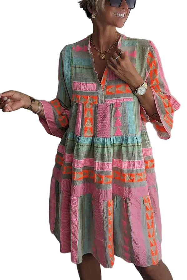 Women’s Tiered Dress with Geometric Embroidery and Billowed Sleeves 0