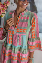 Women’s Tiered Dress with Geometric Embroidery and Billowed Sleeves 1