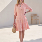Women’s Tiered Shirtdress with Collared V-Neck and Button Closure 1