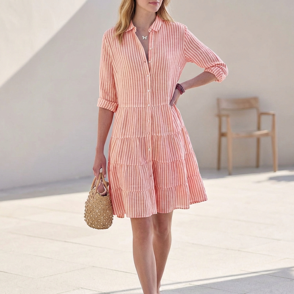 Women’s Tiered Shirtdress with Collared V-Neck and Button Closure 1