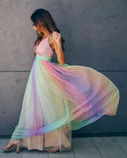 Women’s V-Neck Multicolour Tulle Maxi Dress with Floor-Length Hem 1