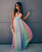 Women’s V-Neck Multicolour Tulle Maxi Dress with Floor-Length Hem 2