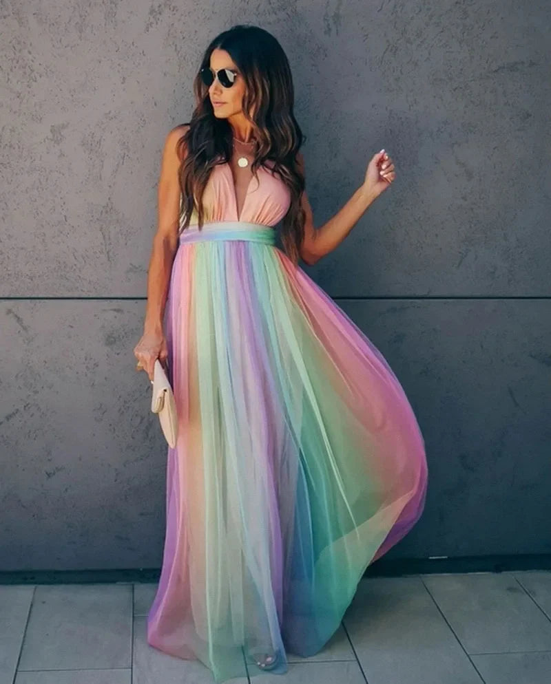 Women’s V-Neck Multicolour Tulle Maxi Dress with Floor-Length Hem 2