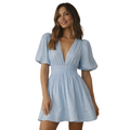 Women’s V Neck Puff Sleeve Mini Dress with Defined Waist 0