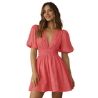 Women’s V Neck Puff Sleeve Mini Dress with Defined Waist 2