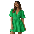 Women’s V Neck Puff Sleeve Mini Dress with Defined Waist 3