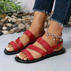 Women’s Vegan Leather Flat Sandals with Three Straps and Back Strap Closure 1