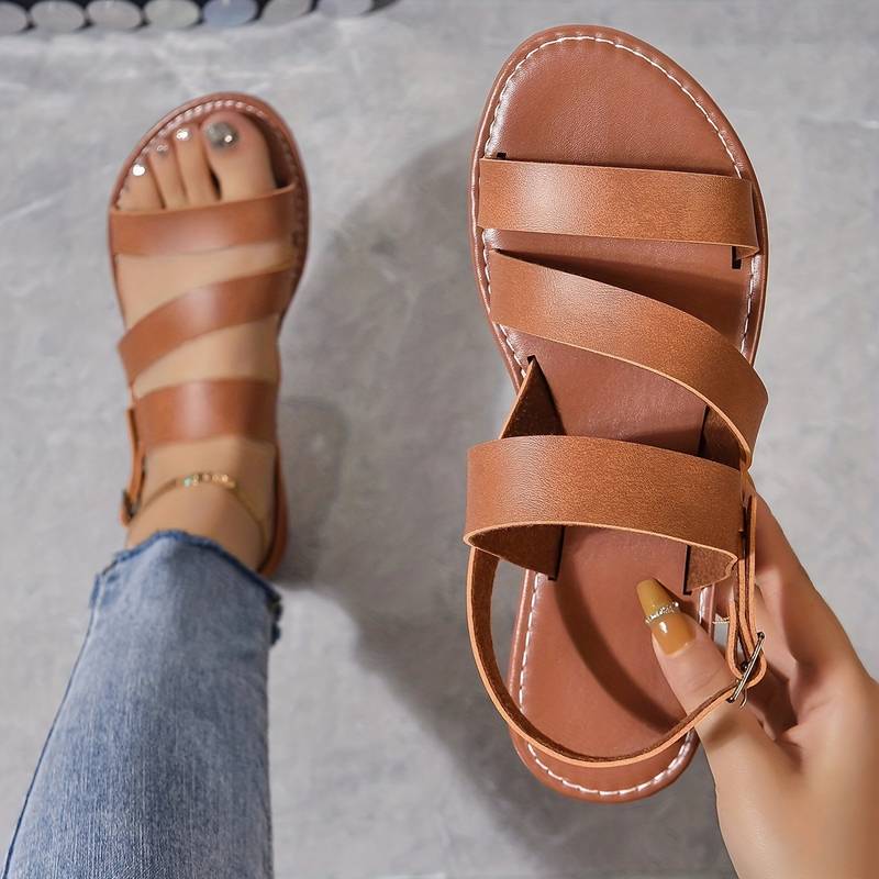 Women’s Vegan Leather Flat Sandals with Three Straps and Back Strap Closure 3