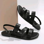 Women’s Vegan Leather Flat Sandals with Three Straps and Back Strap Closure 4