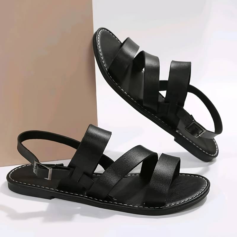 Women’s Vegan Leather Flat Sandals with Three Straps and Back Strap Closure 4