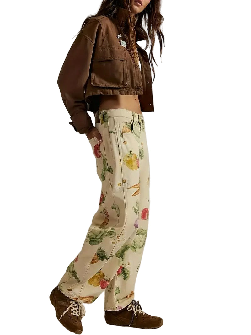 Women’s Wide Leg Trousers with Botanical Print and Pockets 0