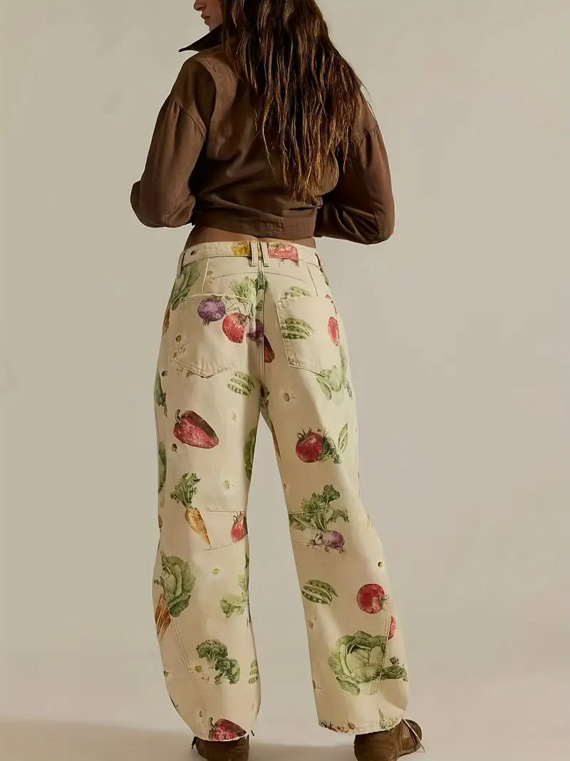 Women’s Wide Leg Trousers with Botanical Print and Pockets 1
