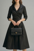 Women’s Wrap Midi Dress with Flared Skirt and Three-Quarter Sleeves 0