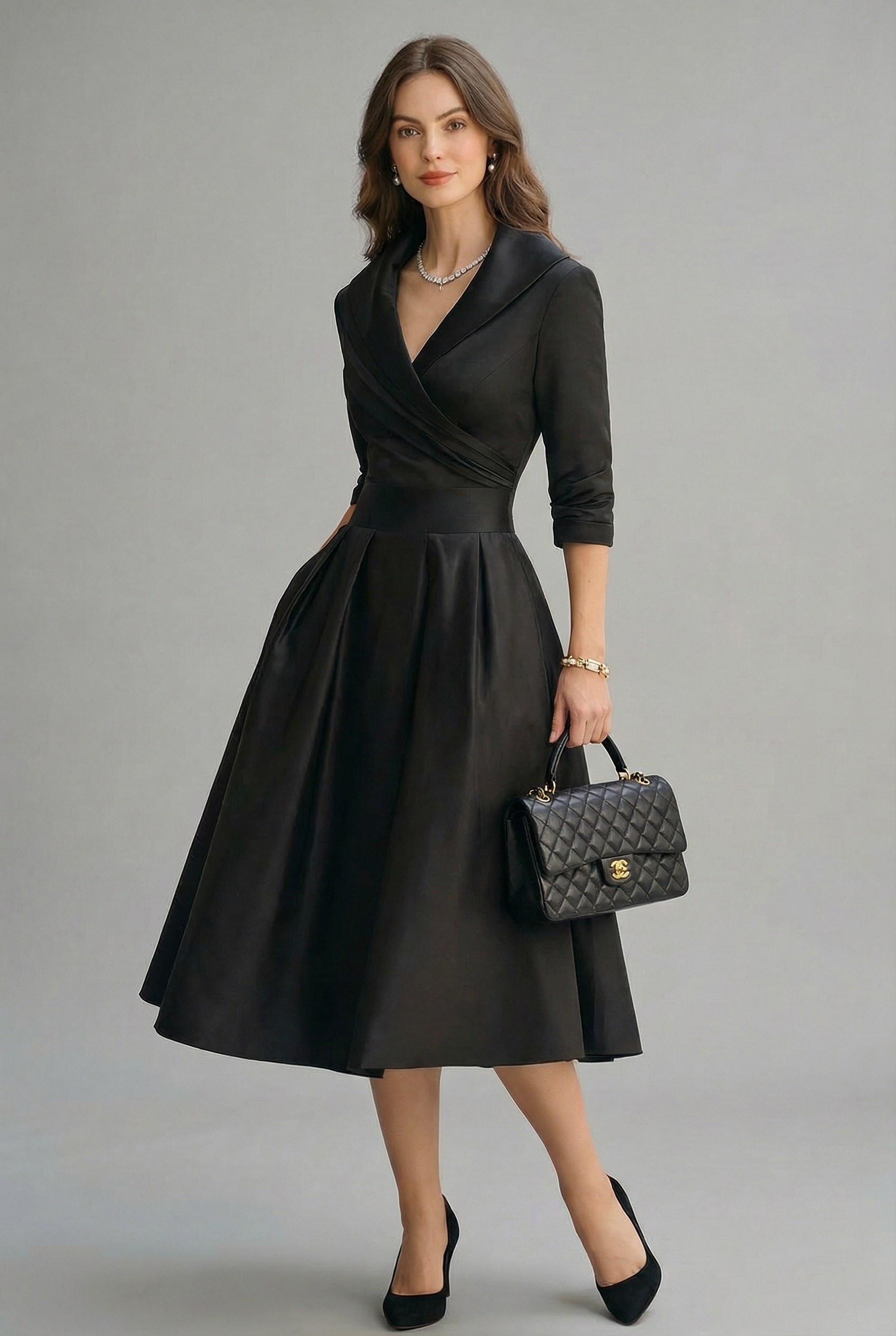 Women’s Wrap Midi Dress with Flared Skirt and Three-Quarter Sleeves 1
