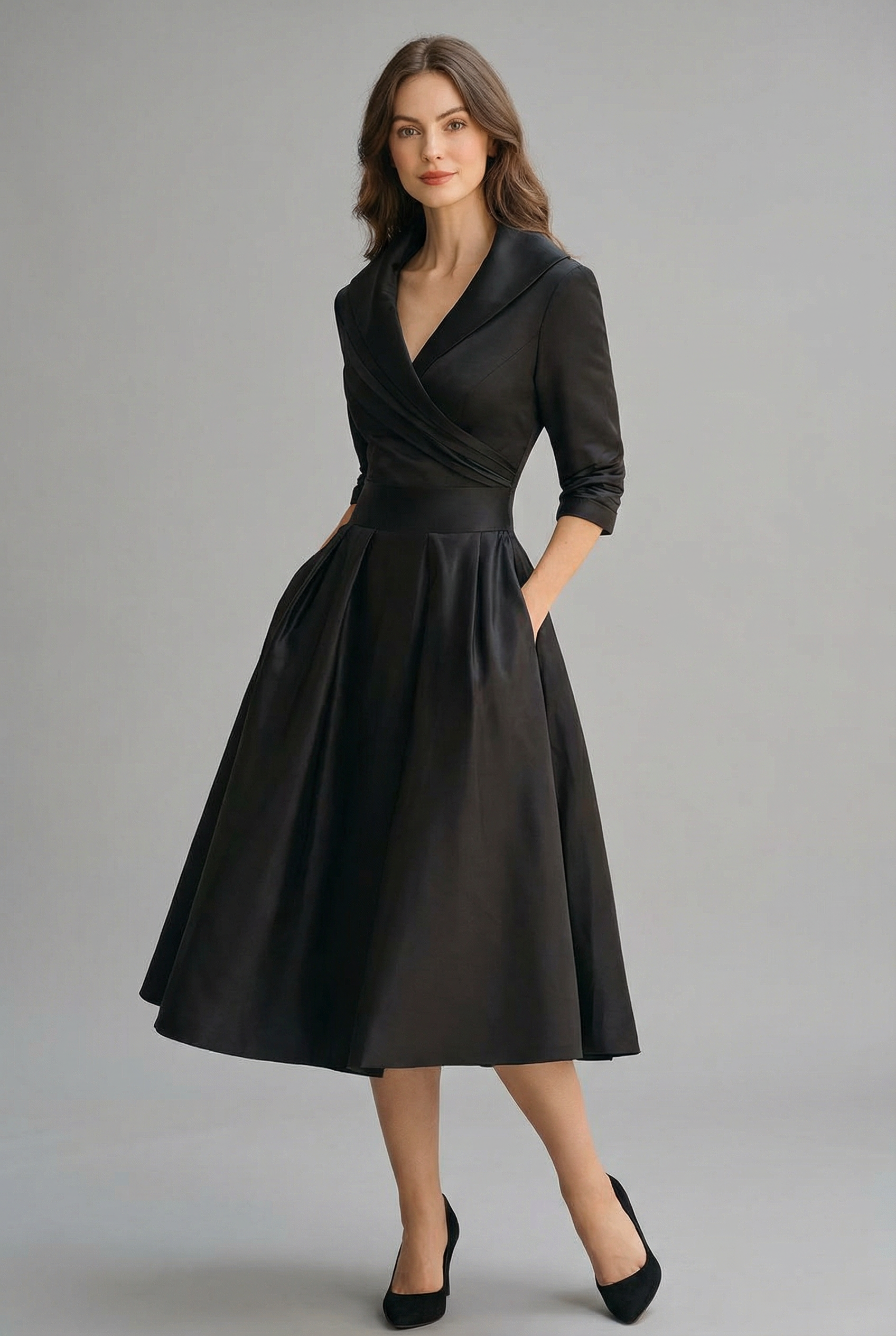 Women’s Wrap Midi Dress with Flared Skirt and Three-Quarter Sleeves 3