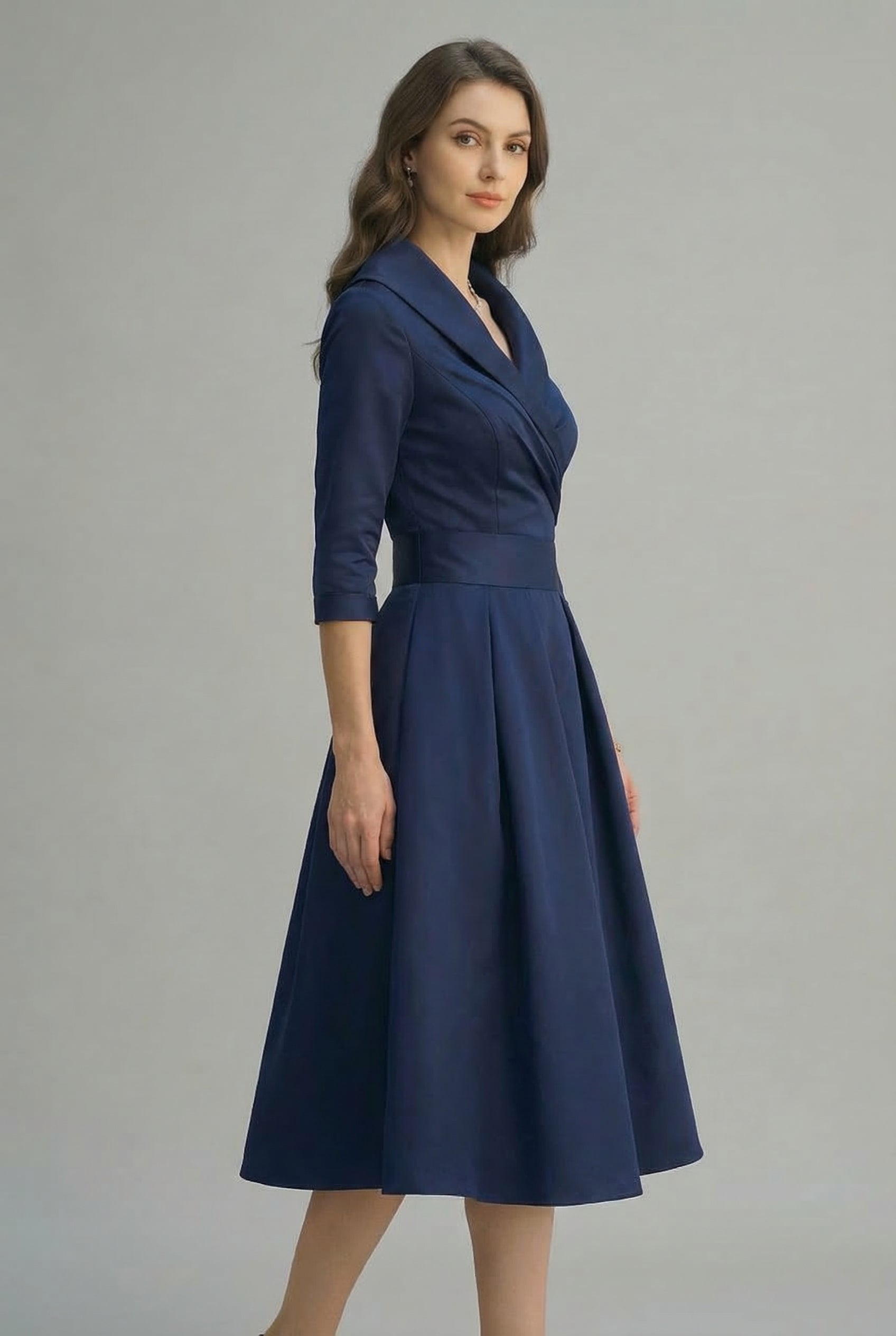 Women’s Wrap Midi Dress with Flared Skirt and Three-Quarter Sleeves 7